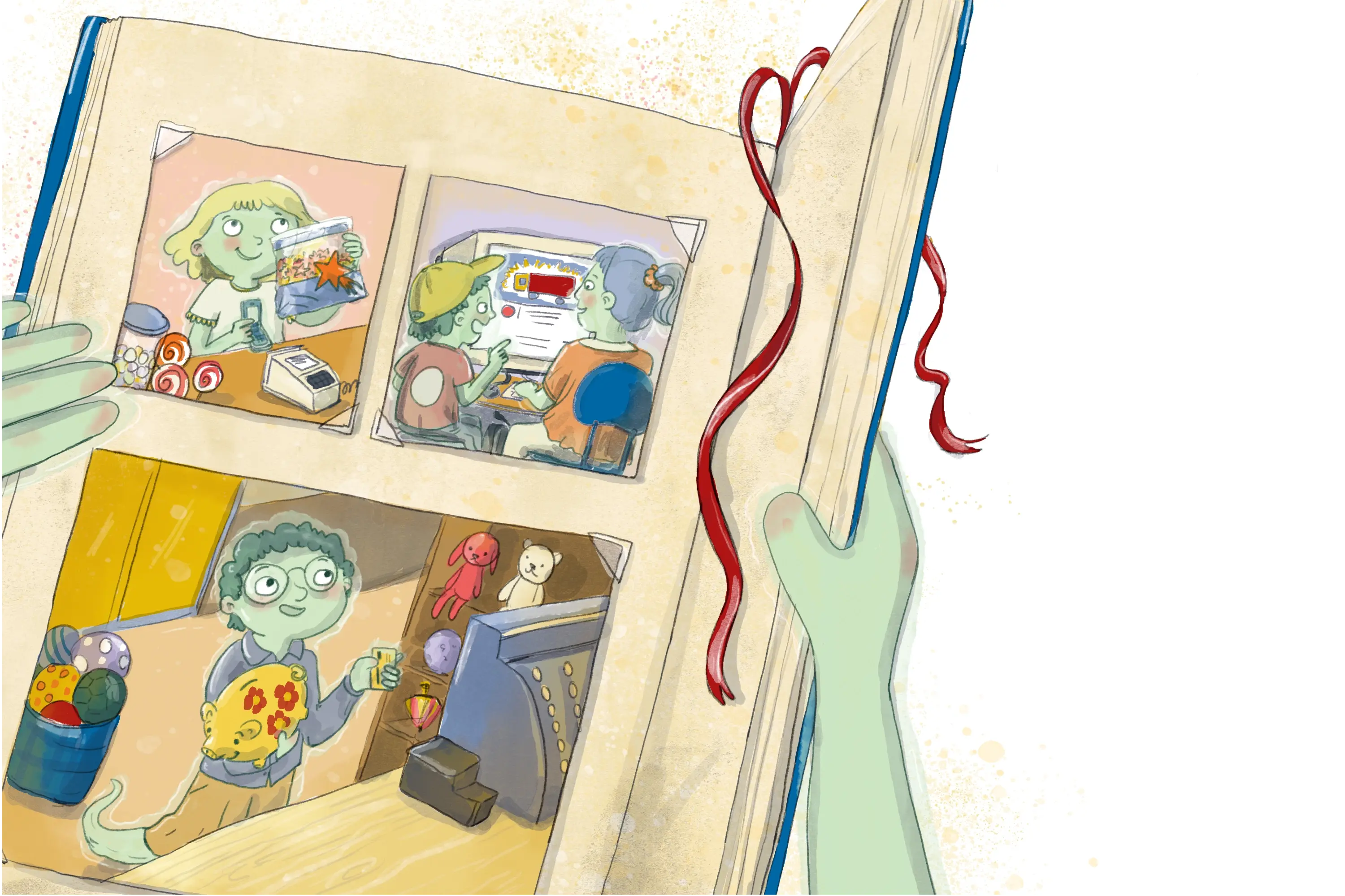 Buch zeigt Kinder die mit Münzen und Scheinen an einer Kasse bezahlen